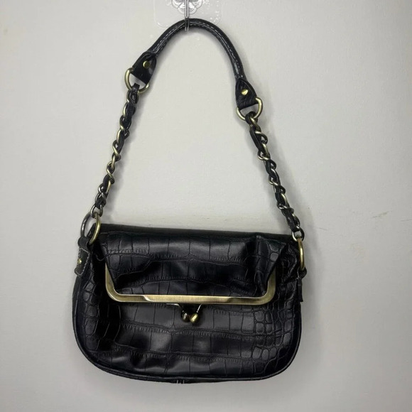 Tommy Hilfiger Vintage Faux Crocodile Leather Black Purse Fold Over Logo Brass - Picture 1 of 8